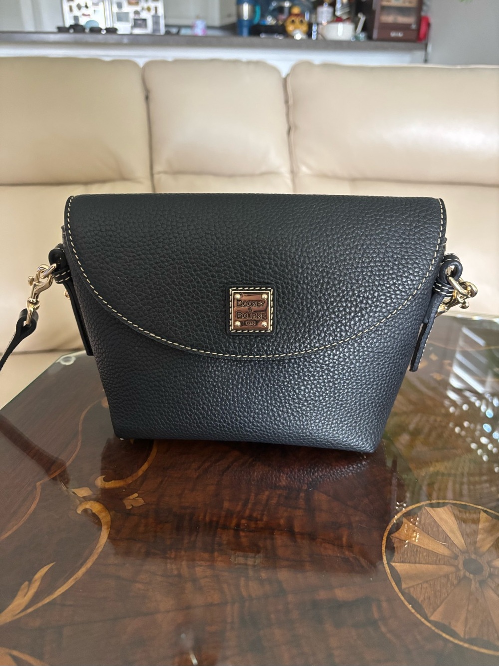 Dooney & Bourke Black Pebbled Leather Small Crossbody with Gold Tone Logo